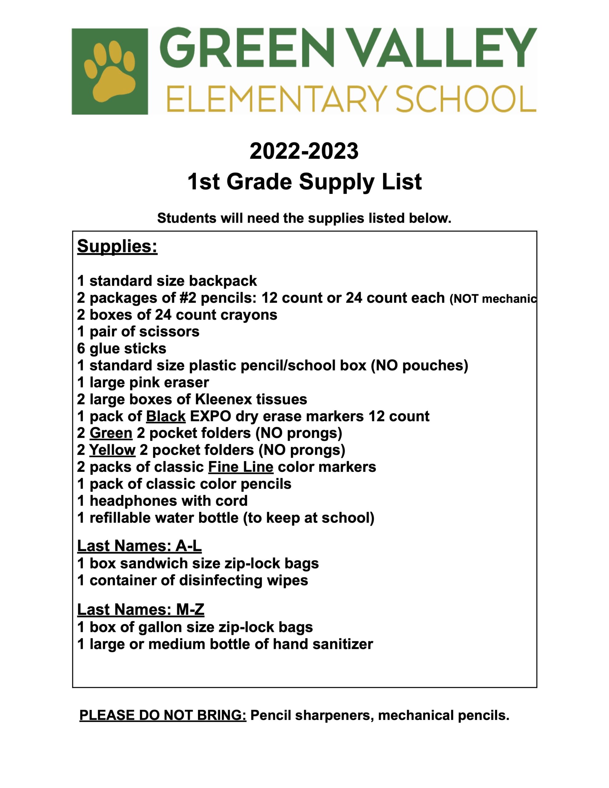 Green Valley School Supply Lists 20222023 Green Valley Elementary