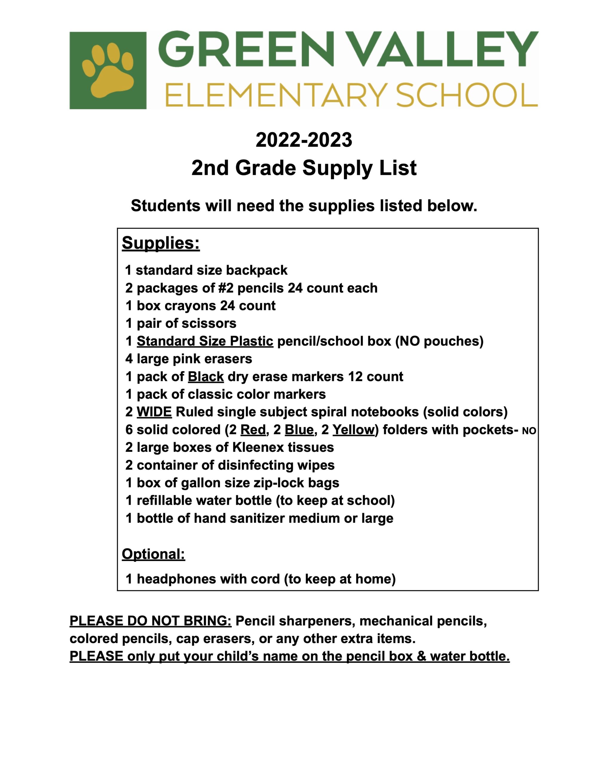 Green Valley School Supply Lists 20222023 Green Valley Elementary
