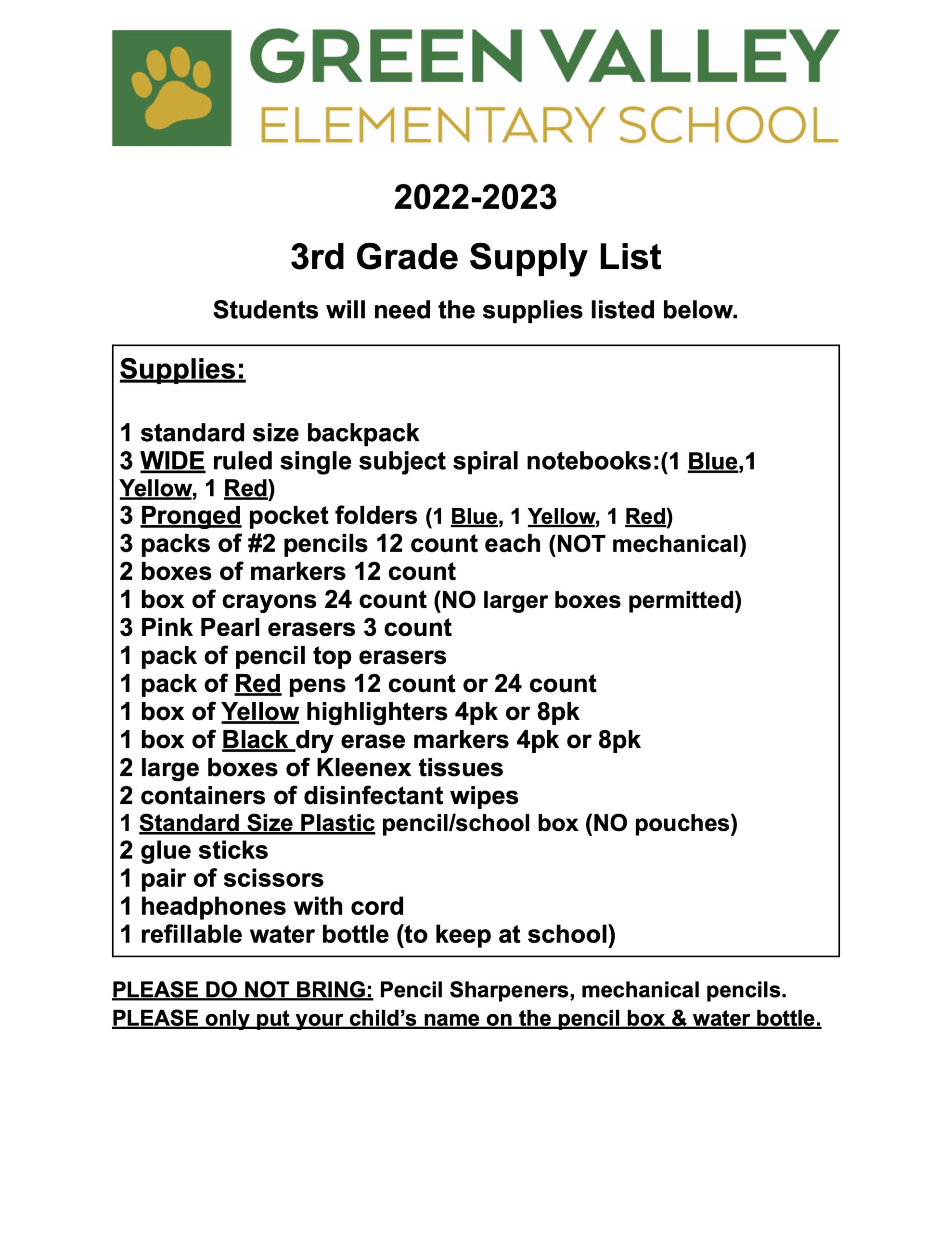 Green Valley School Supply Lists 20222023 Green Valley Elementary