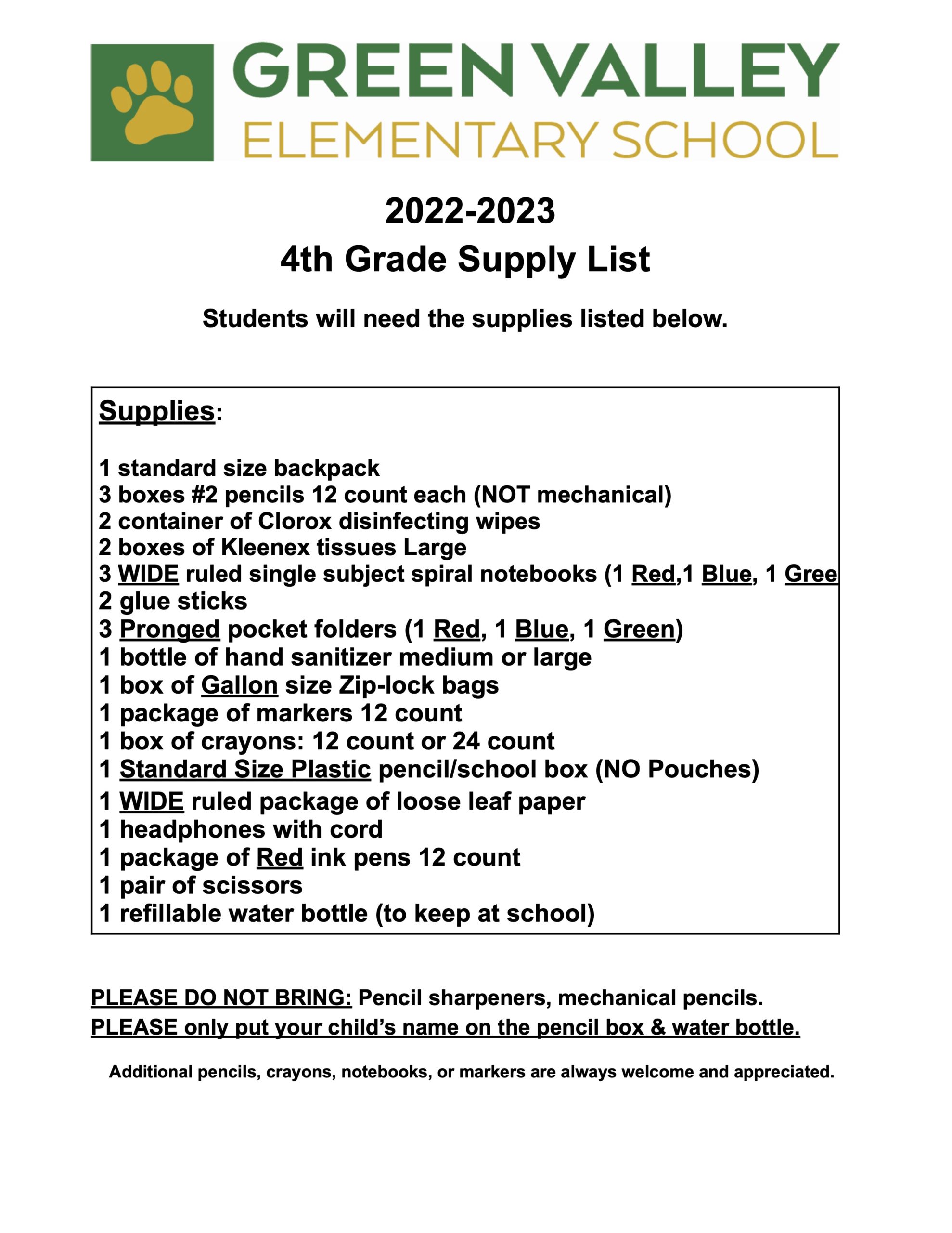 Green Valley School Supply Lists 20222023 Green Valley Elementary