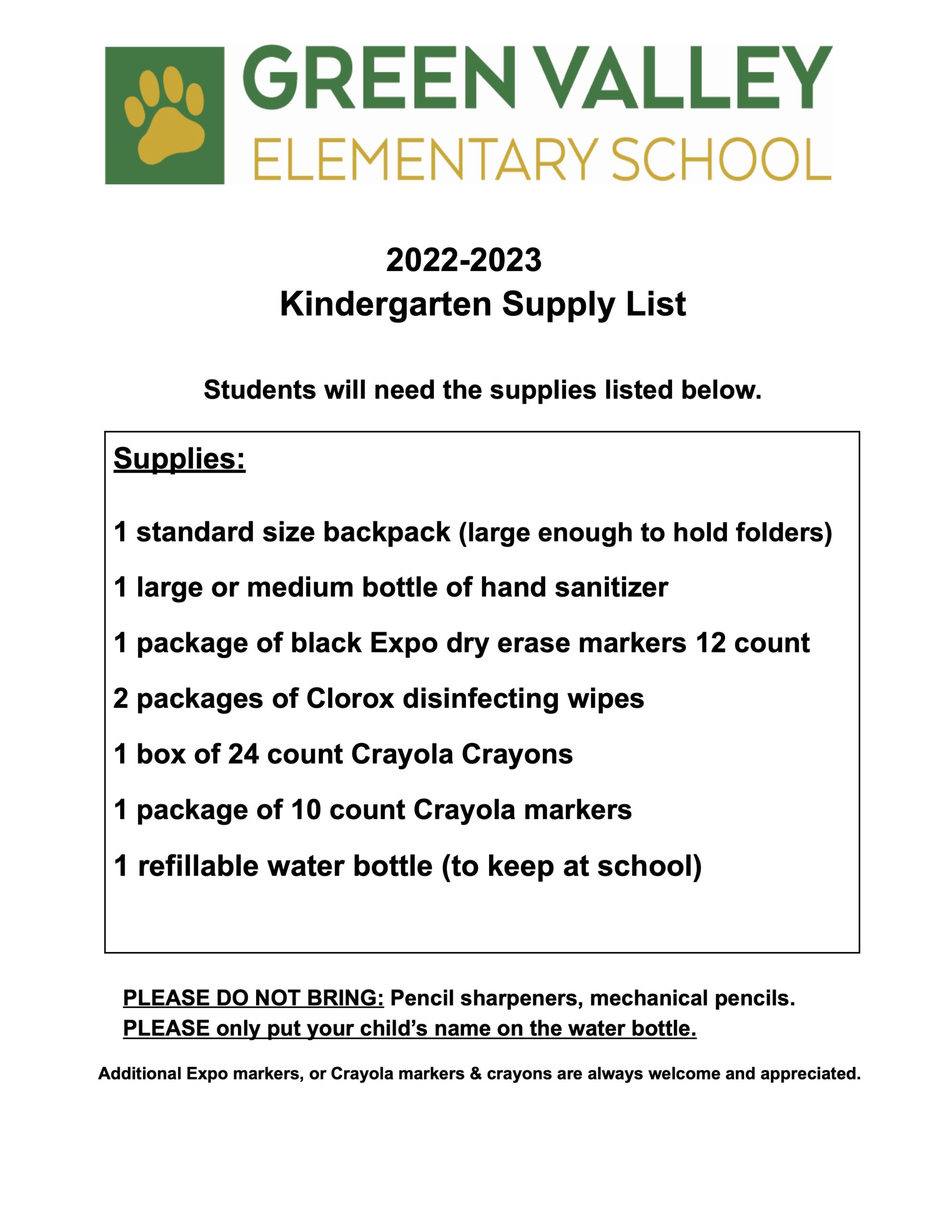 Green Valley School Supply Lists 20222023 Green Valley Elementary